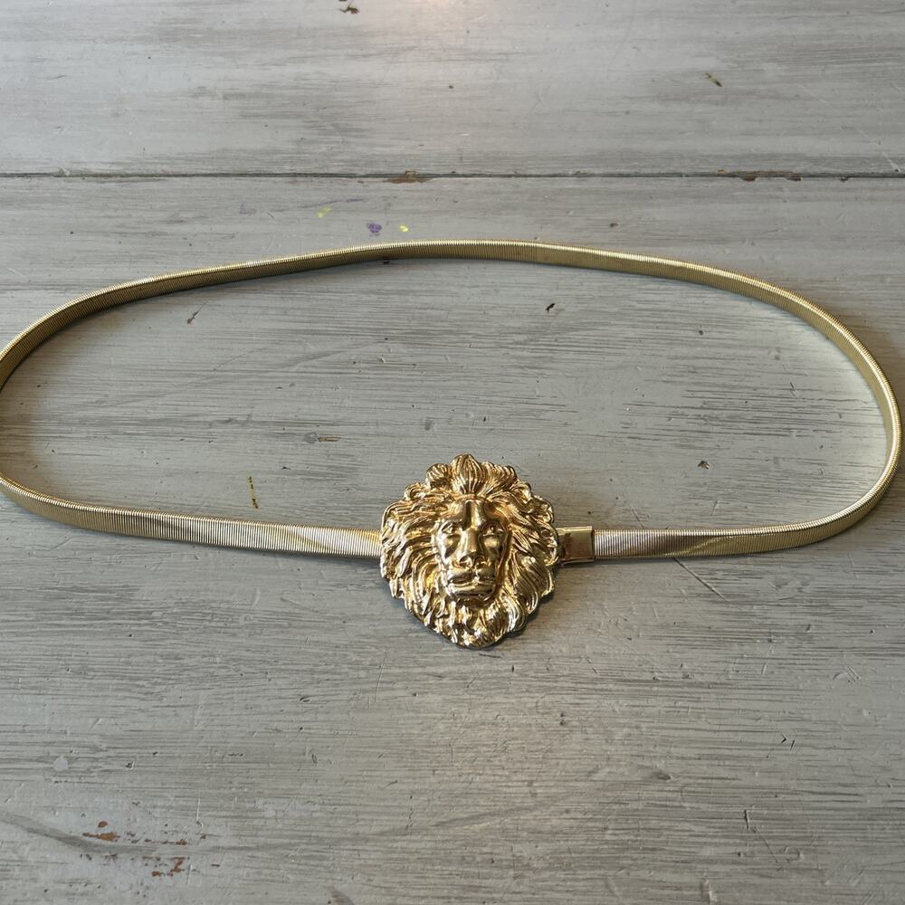 Vintage Gold Tone Lion Head Snake Chain Stretch Belt Waist Cinch SMALL Old Money